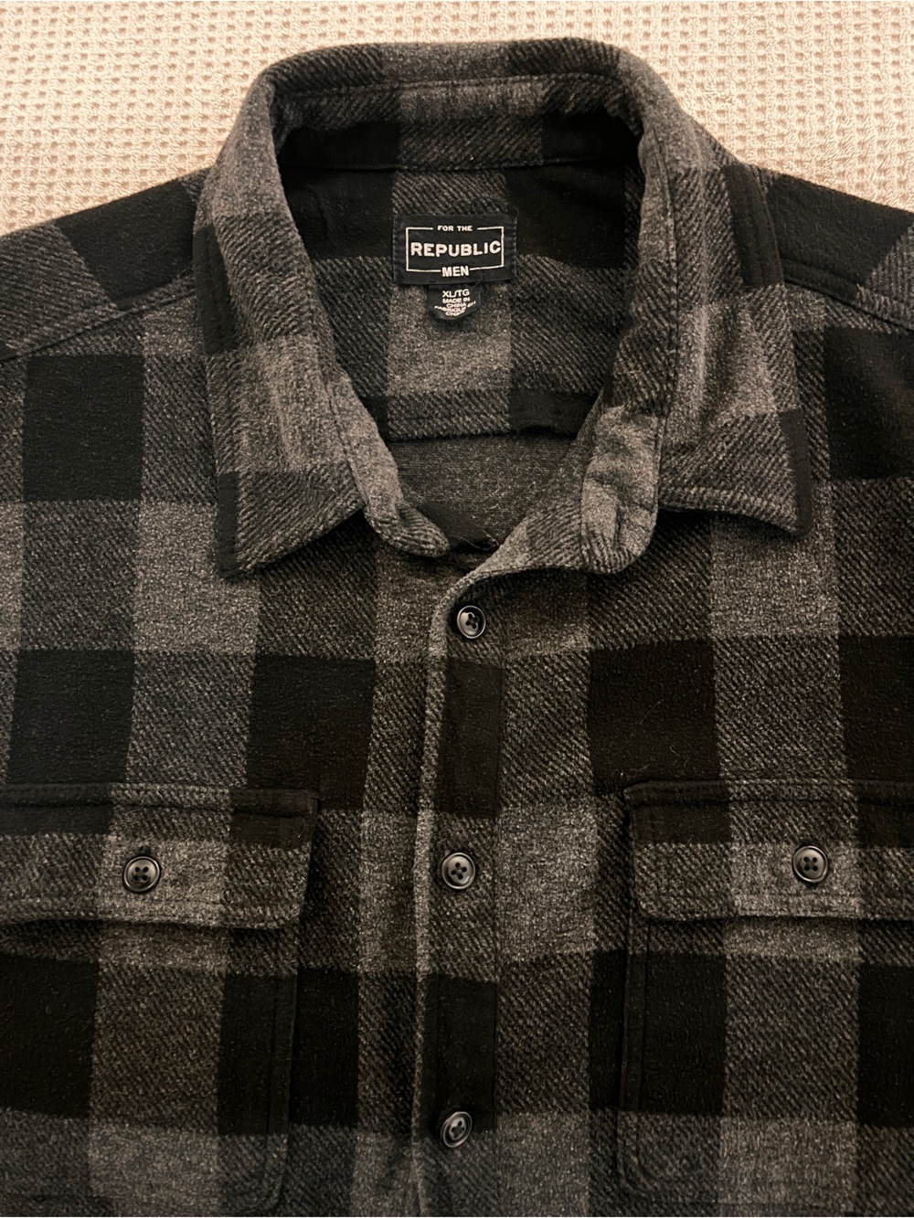 For The Republic Men's Black and Gray Plaid Button-Down Shirt